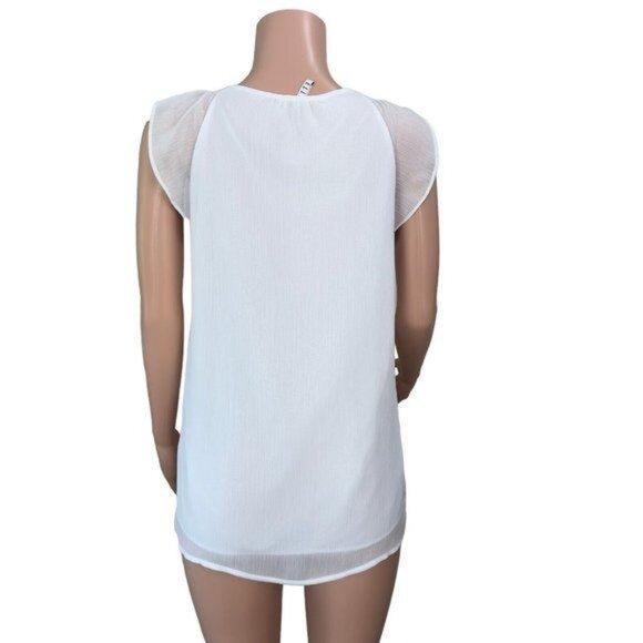 ELLE Women SZ L White Sleeveless Blouse Pleated Front-Tie Neck- Lined-Casual - Picture 2 of 14
